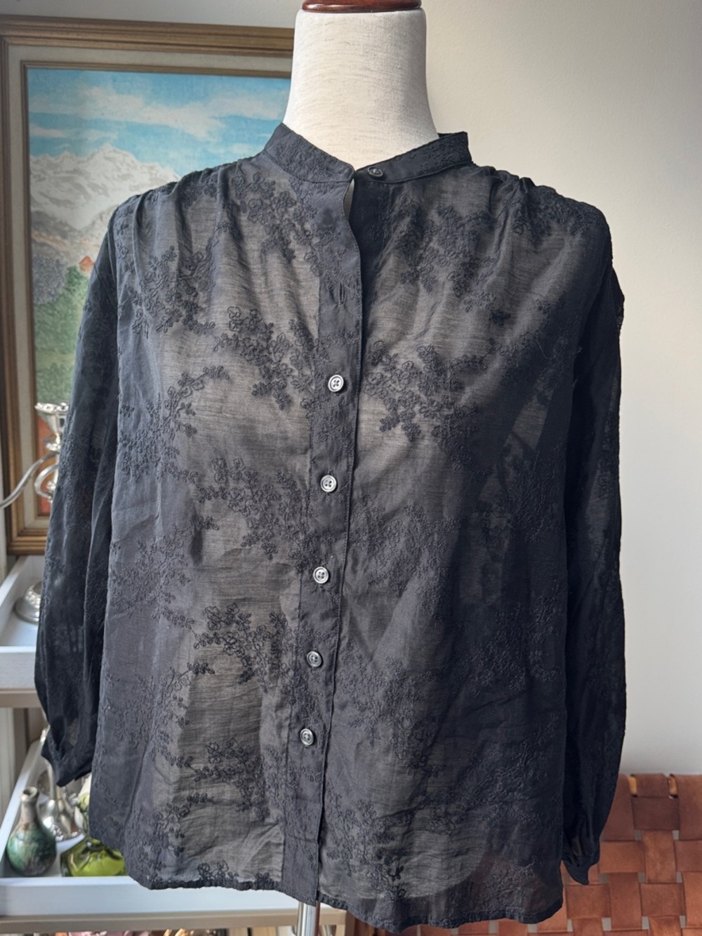 GAP Black Sheer Embroidered Button-Up Blouse